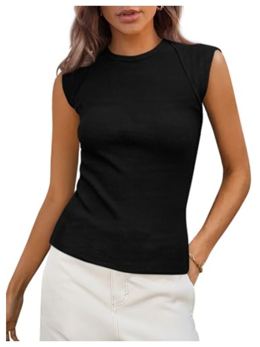 Women's Cap Sleeve Ribbed Tank Top Slim Fit Summer Crew Neck